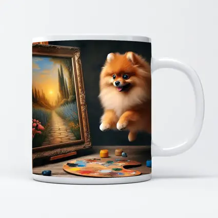 Pomeranian Dog Leaping Near Painting Easel
