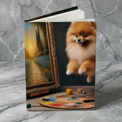 Pomeranian Dog Leaping Near Painting Easel