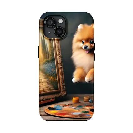Pomeranian Dog Leaping Near Painting Easel