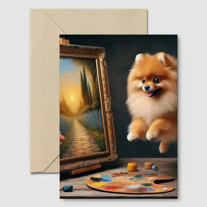 Pomeranian Dog Leaping Near Painting Easel