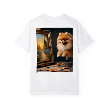Pomeranian Dog Leaping Near Painting Easel
