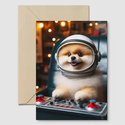 Pomeranian Astronaut Dog at Space Controls