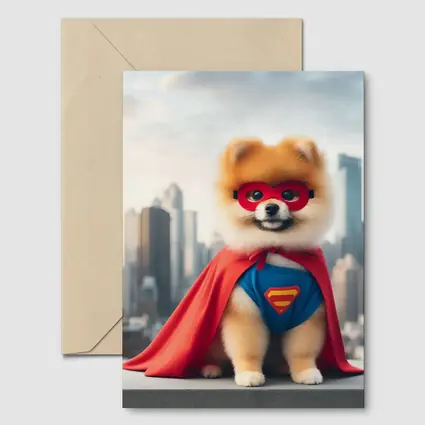 Pomeranian Superhero Dog City Skyline