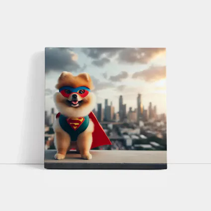 Pomeranian Superhero Cape City Skyline Background