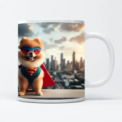 Pomeranian Superhero Cape City Skyline Background
