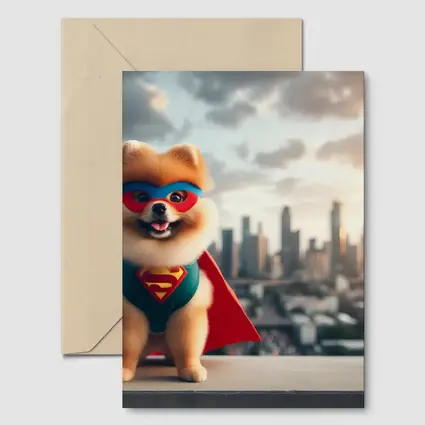 Pomeranian Superhero Cape City Skyline Background