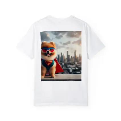 Pomeranian Superhero Cape City Skyline Background