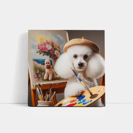 White Poodle Artist Painting on Easel