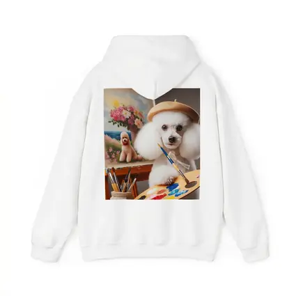 White Poodle Artist Painting on Easel