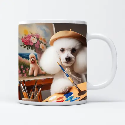 White Poodle Artist Painting on Easel