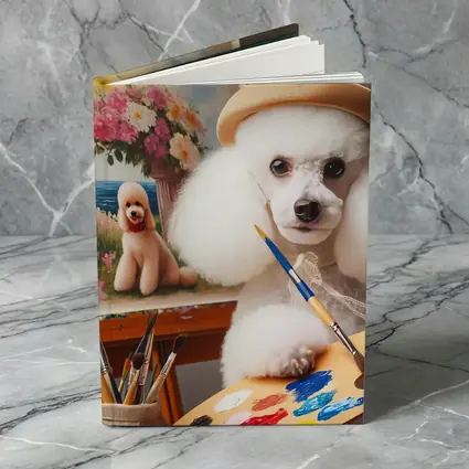 White Poodle Artist Painting on Easel