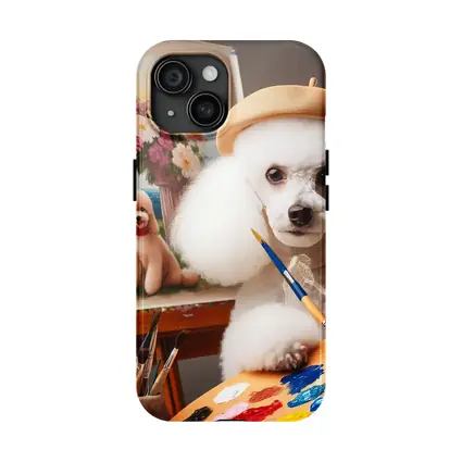 White Poodle Artist Painting on Easel