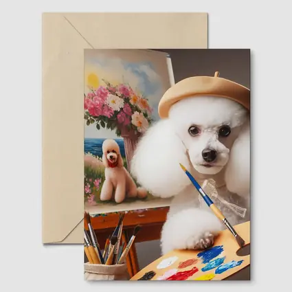 White Poodle Artist Painting on Easel