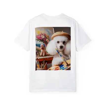 White Poodle Artist Painting on Easel