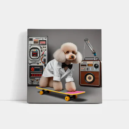 Poodle Scientist on Skateboard Retro Lab