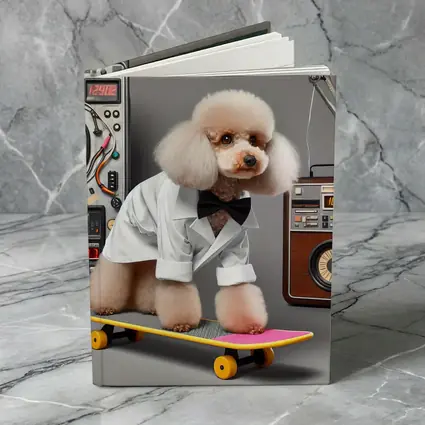Poodle Scientist on Skateboard Retro Lab
