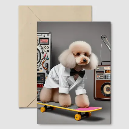 Poodle Scientist on Skateboard Retro Lab