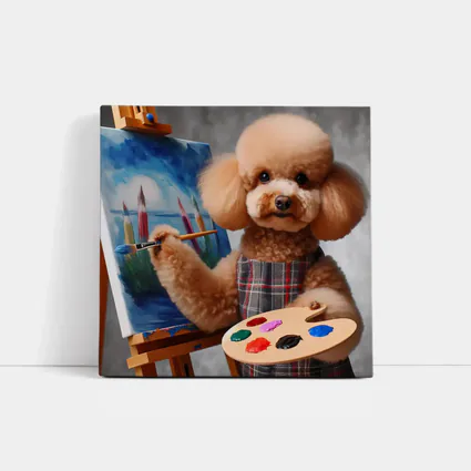 Poodle Artist Painting on Canvas Easel