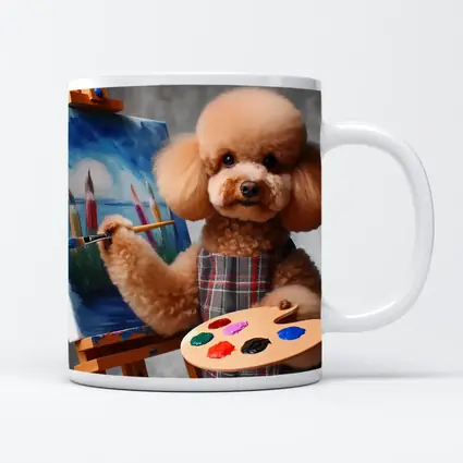 Poodle Artist Painting on Canvas Easel