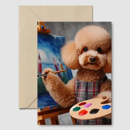 Poodle Artist Painting on Canvas Easel