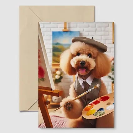 Poodle Artist Painting in Cozy Studio