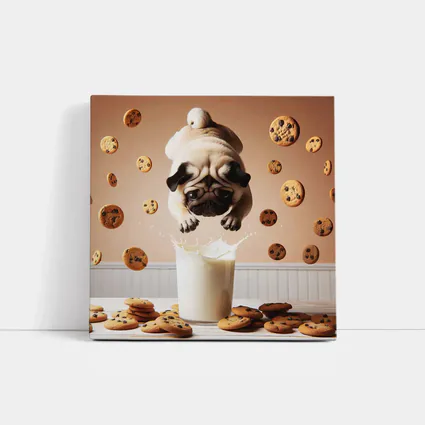 Pug Dog Diving Into Milk Glass Cookies