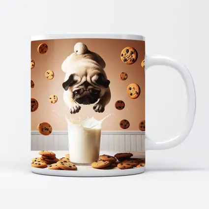 Pug Dog Diving Into Milk Glass Cookies