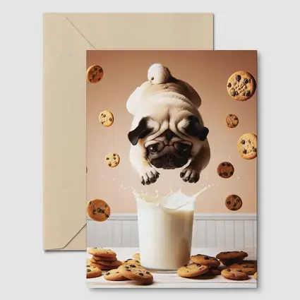 Pug Dog Diving Into Milk Glass Cookies