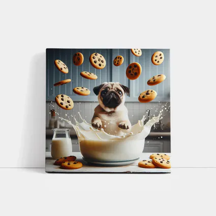 Pug Puppy Splashing Milk With Cookies