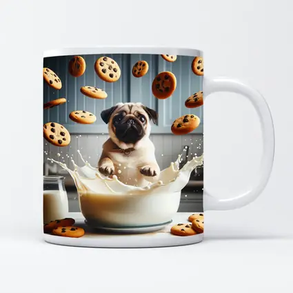 Pug Puppy Splashing Milk With Cookies