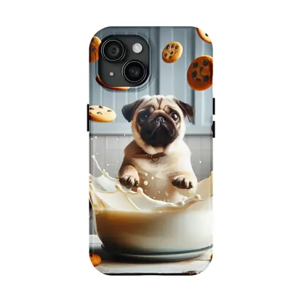 Pug Puppy Splashing Milk With Cookies