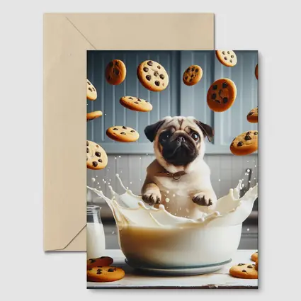 Pug Puppy Splashing Milk With Cookies