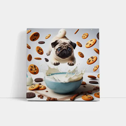 Pug Puppy Flying Over Milk Bowl Cookies