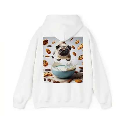 Pug Puppy Flying Over Milk Bowl Cookies
