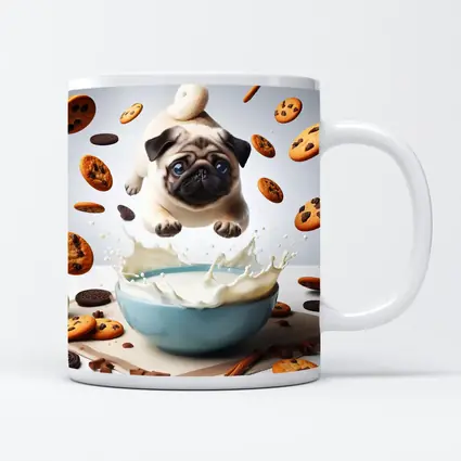 Pug Puppy Flying Over Milk Bowl Cookies
