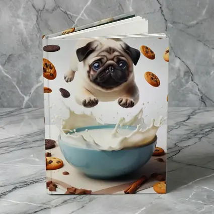 Pug Puppy Flying Over Milk Bowl Cookies