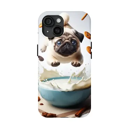 Pug Puppy Flying Over Milk Bowl Cookies