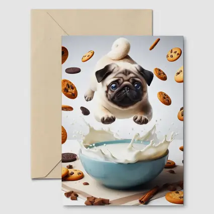 Pug Puppy Flying Over Milk Bowl Cookies