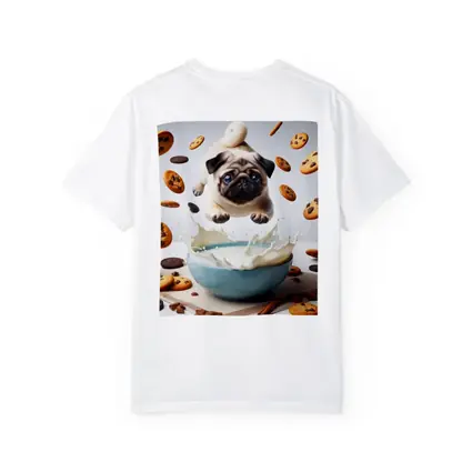 Pug Puppy Flying Over Milk Bowl Cookies