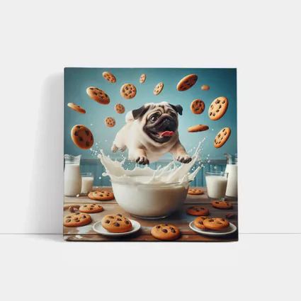 Pug Puppy Splashing Milk Cookies Flying