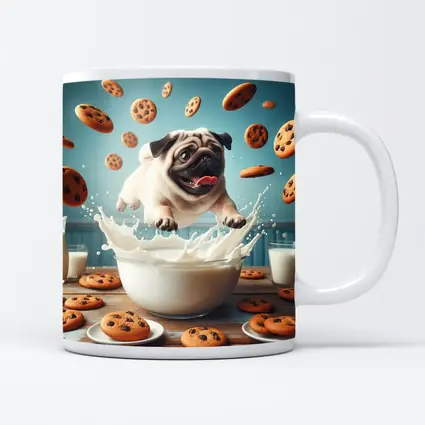 Pug Puppy Splashing Milk Cookies Flying