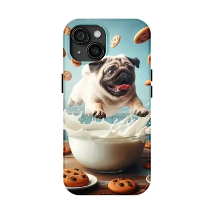 Pug Puppy Splashing Milk Cookies Flying