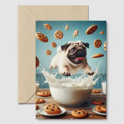 Pug Puppy Splashing Milk Cookies Flying