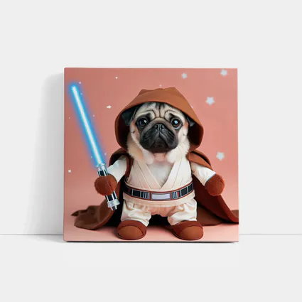 Pug Jedi Costume Blue Lightsaber Pink Background