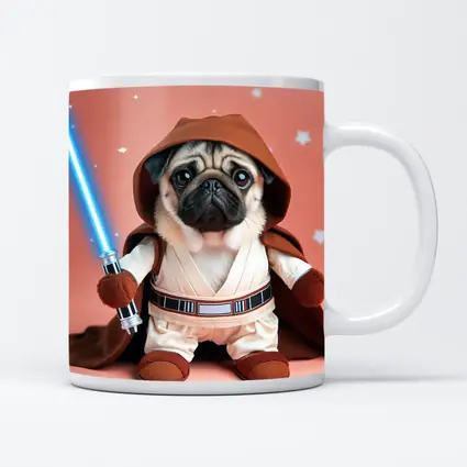 Pug Jedi Costume Blue Lightsaber Pink Background