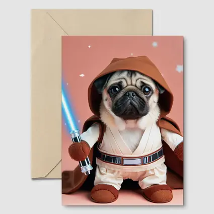 Pug Jedi Costume Blue Lightsaber Pink Background