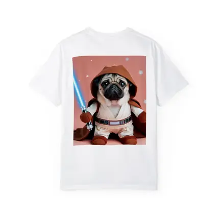 Pug Jedi Costume Blue Lightsaber Pink Background