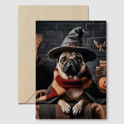 Pug Dog Wizard Hat Halloween Spooky Setting