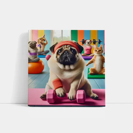 Pug Dog Working Out In Colorful Gym