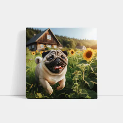Happy Pug Running Through Sunflower Field